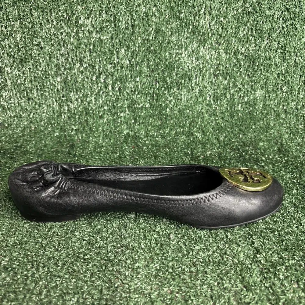 Tory Burch Women's 8 M Black Leather Ballet‎ Flats Round Toe Slip On Logo Accent